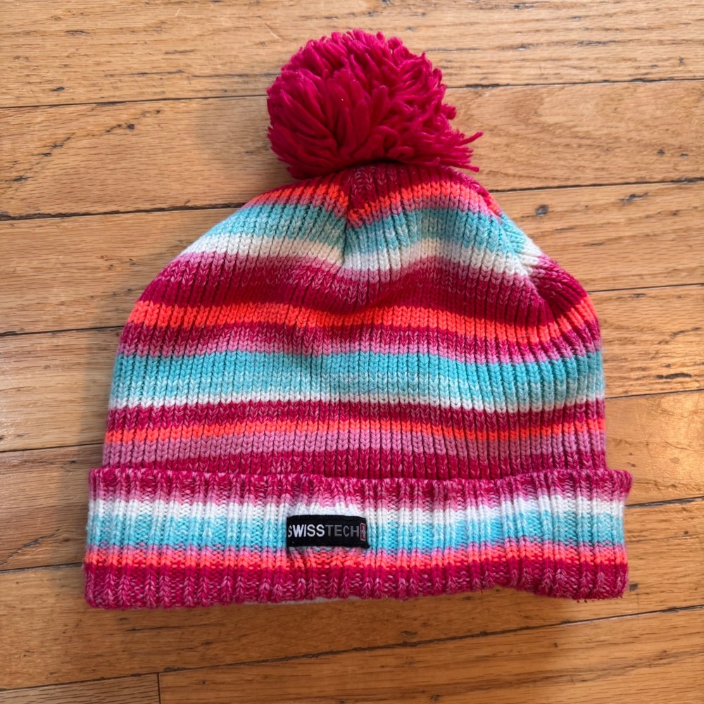 Swiss Tech Kids Pink Teal Striped Knit Beanie Hat Fleece Lined Pom Pom Winter